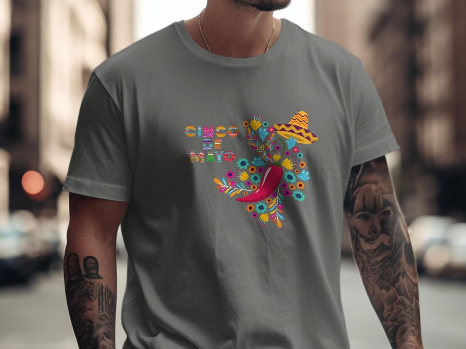 Cinco De Mayo Fiesta T-Shirt, Mexican Folk Art Sombrero Chili Graphic Tee M