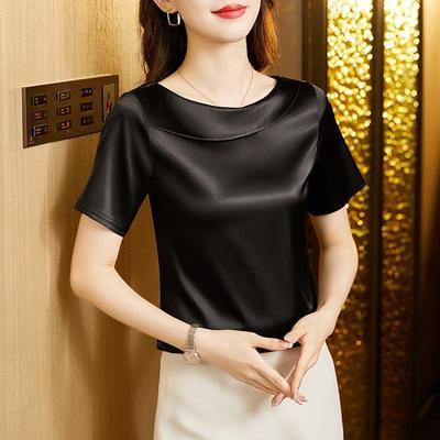 Women Solid Color Summer Satin Blouse T-shirt Skew Collar Blouses Short Sleeve Tops Elegant Women Clothing OL Shirts for Women