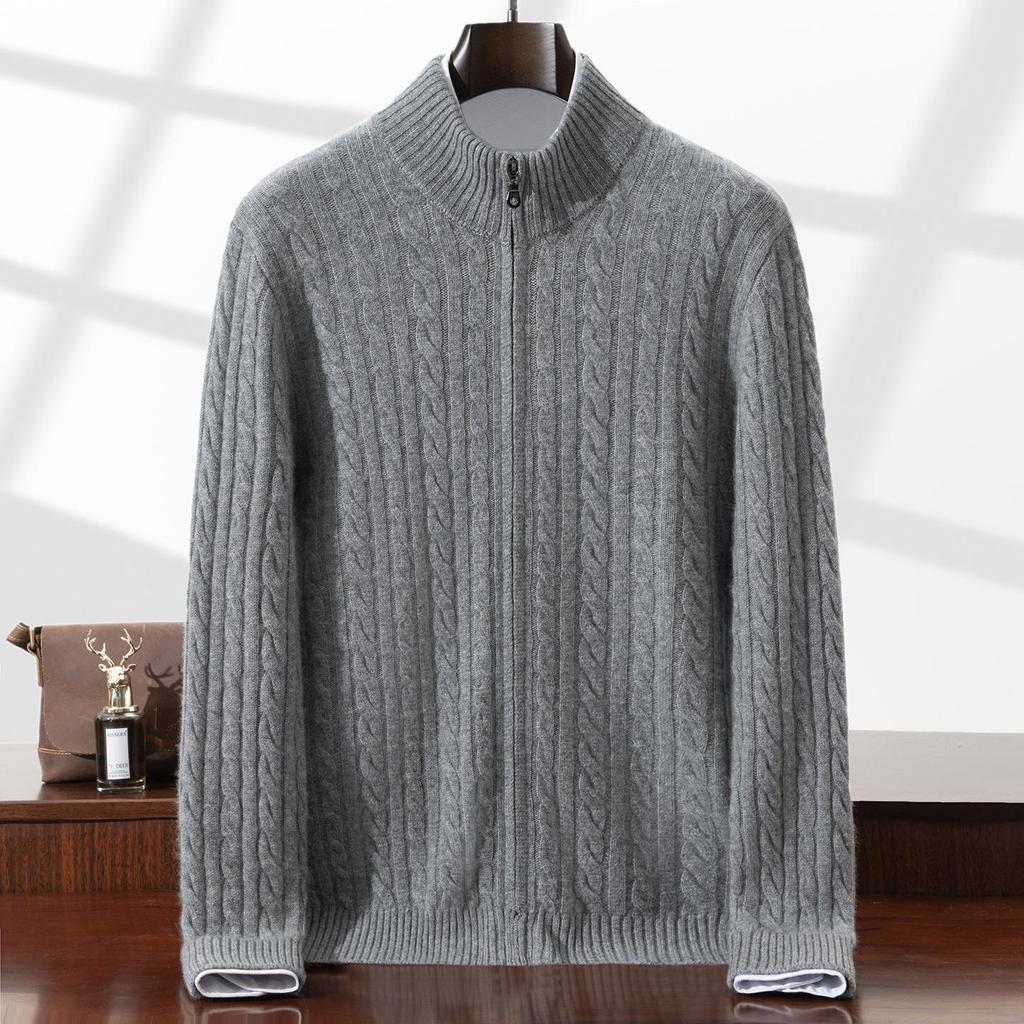 Men's Autumn/Winter Cashmere Cable Knit Zipper Cardigan Sweater, Half-High Collar, Plus Size