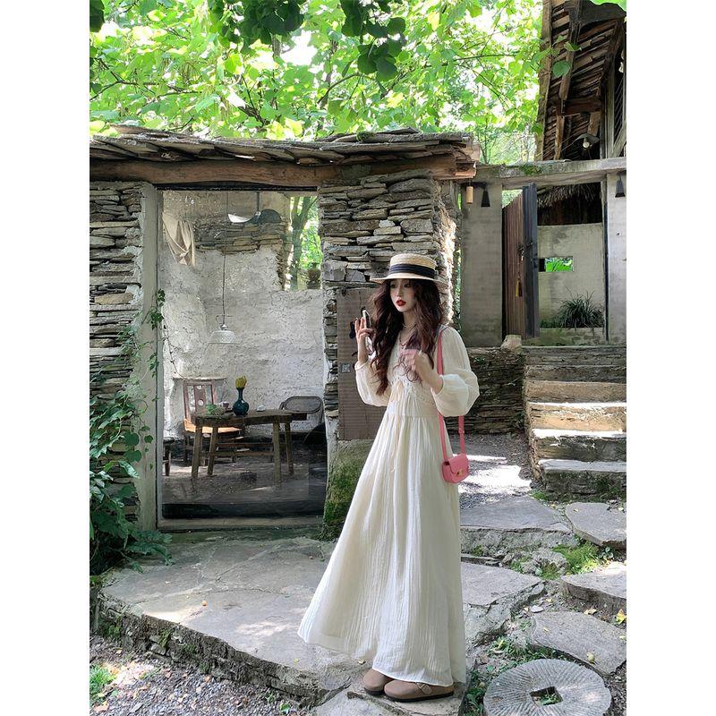 French Style Sweet Style Lace Patchwork Niche style Age-reducing Long sleeves Dress Women's Autumn Waist Slim Looking A- line Skirt Long Skirt