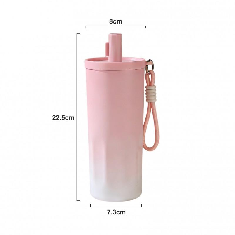Gradient Color Minimalist Handle Strap Insulated Stainless Steel Vacuum Travel Mug With Straw Lid 600ml