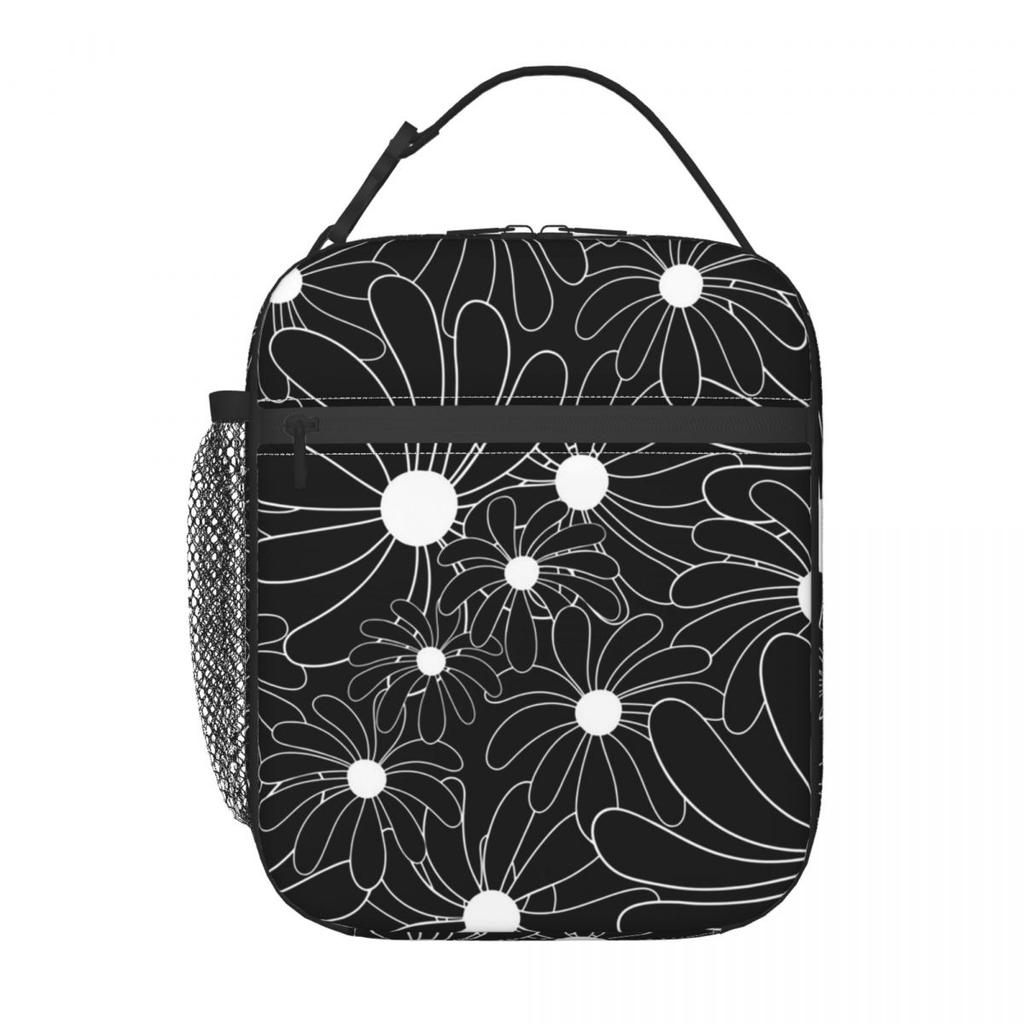 Cartoon Black And White Daisy Pattern Insulated Lunch Bag for Women Kids Portable Food Boxes Thermal Lunch Box Tote