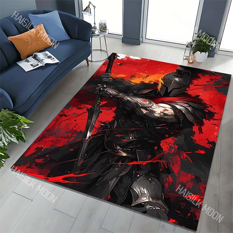 1PC Black-Armored Warrior Blazing Flames Print Carpet for Living Room Bedroom Sofa Home Decor Rus Non-slip Floor Mat Luxury Gift