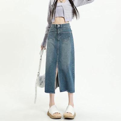Saia Midi Jeans Retro de Cintura Alta para Mulheres com Bolsos e Fenda