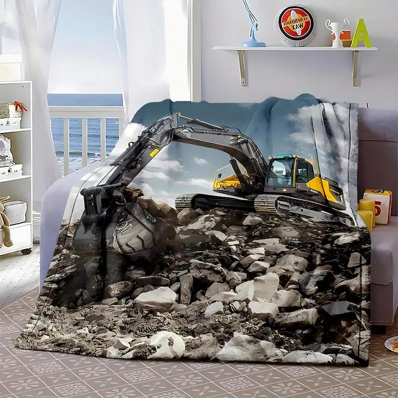 Yellow Excavator Pattern Flannel Blanket Suitable for Bedding, Office, Home, Camping, Warming, Sofa, Bed, Christmas Halloween