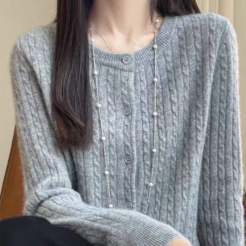 2025 Autumn/Winter Women's Thick Cable Knit Round Neck Cardigan Sweater Coat