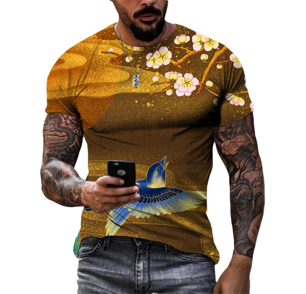 Piękne koszulki męskie z elementami chińskimi, casualowe, z nadrukiem HD 3D, wzorzyste, hip hopowe, Harajuku, z osobowością, z okrągłym dekoltem, z krótkim rękawem