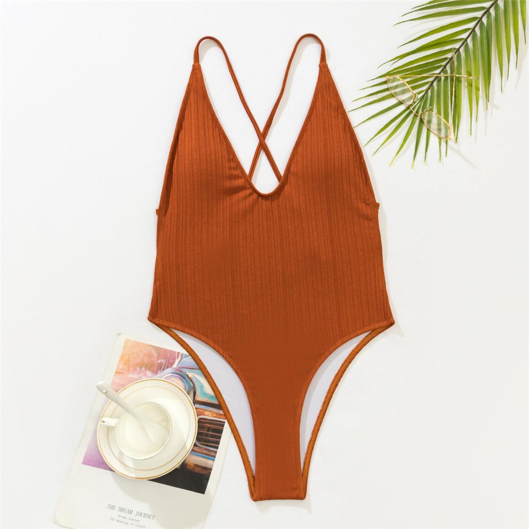 

Сексуальный цельный купальник с v-образным вырезом в рубчик и открытой спиной, женский купальник, женский монокини с высоким вырезом, купальный костюм, купальный костюм для леди L оранжевый