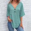 Top Estivi da Donna Scollo a V Manica a Tre Quarti Casual T-Shirt Tinta Unita Decorazione Bottoni Vestibilità Ampia Lunghezza Media Blusa
