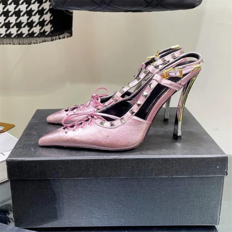 Fashion 2024 Brand Devise Rivet Bowknot Women's Sandals Fashion Sexy Slim Frenulum Sandals European American Banquet Nightclub 45 Shoes