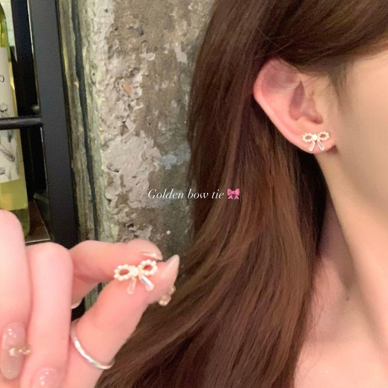 

Korean Style Lace Bows Pearl Back-Hanging Earrings Female Light Luxury Minority Fancy Stud Earrings Unique Beautiful Earrings S925 silver needle-small Bows pair