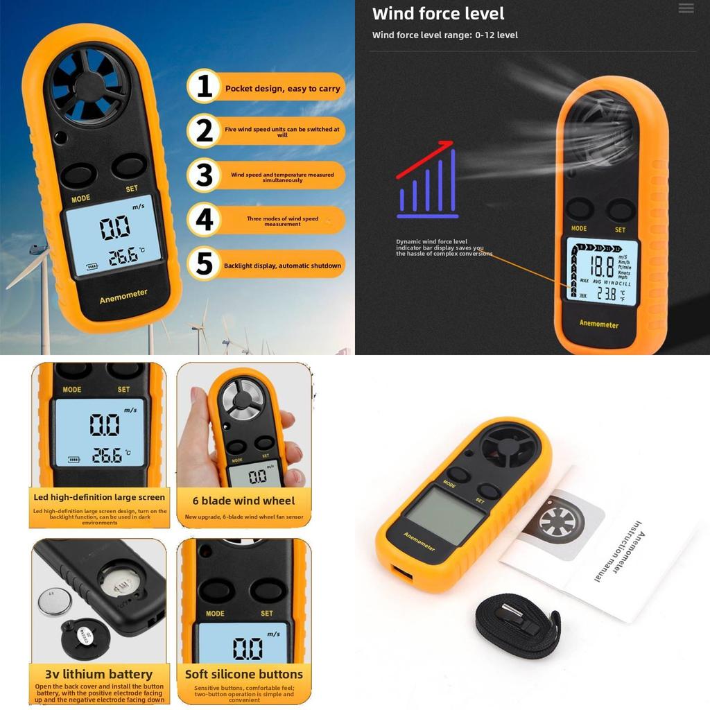 Digital Anemometer Wind Speed Meter With Backlit Display For Weather Monitoring