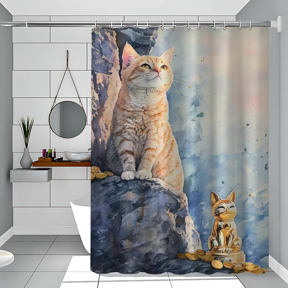 Japanese Black Cat Bathing Moon Lucky Cat Funny And Creative Beach Shower Curtain Waterproof Polyester Bath Curtains Bathroom
