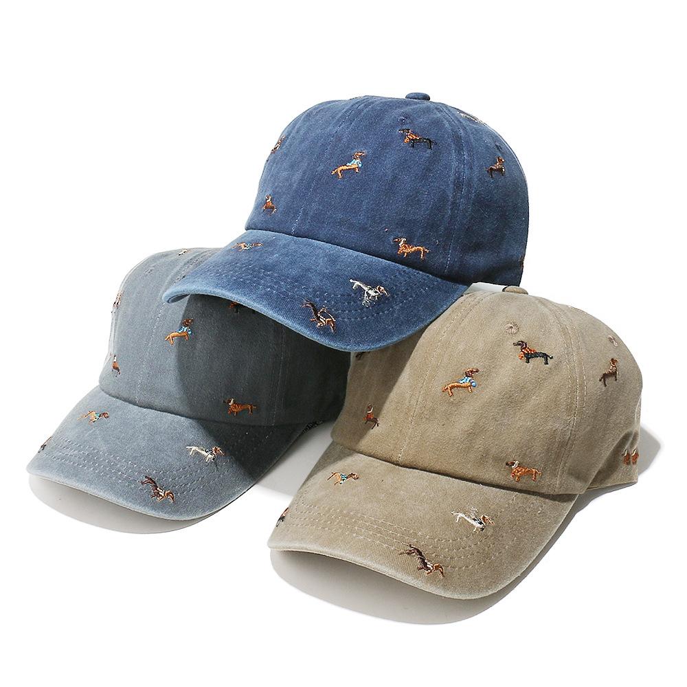 Sombrero de lavado exterior europeo y americano, copa suave, gorra de béisbol bordada de cachorro, gorra retro callejera vieja para mujer