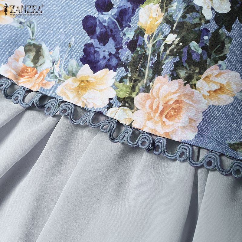 ZANZEA Fuste Florale Patchwork Casual pentru Femei cu Talie Elastică la Spate