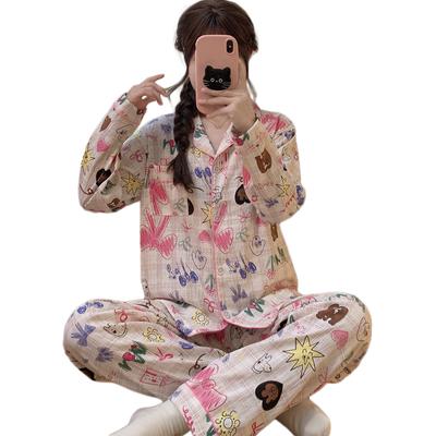Cartoon Niedlicher Druck Damen Pyjama Mode Süßes Niedliches Nachthemd Langarm Oberteil Elastische Taille Hose Nachtwäsche