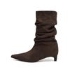 Cowhide Version~ French Temperament Kitten and Short Boots Femininity Thin Pointed Pile Boots Suede Thin Heel Thin Boots