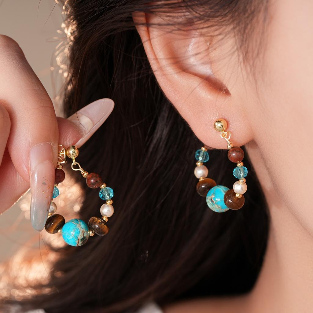 Ethnic Style Faux Turquoise Earrings Water Droped Textured Beaded Earringdrop Ear Jewelry Accessory Irregular Stone