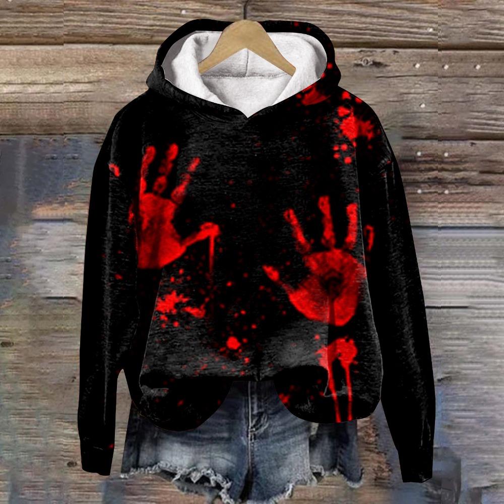 Halloween Women Blood Printing Sweatshirts Long Sleeve Casual Hoodies Drawstring Oversized Hooded Pullover Moletom Femininos