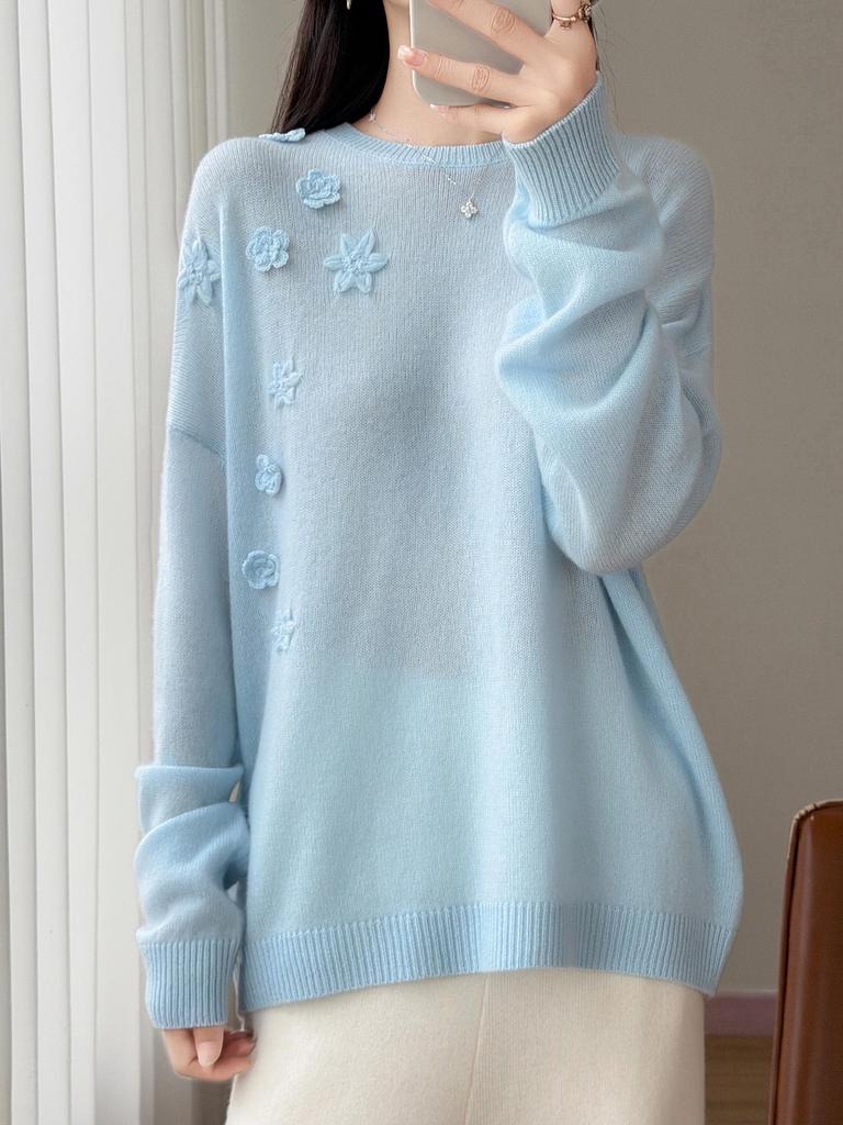 Women's Pure Wool Heavy Embroidery Knit Sweater - Autumn/Winter Loose Casual Round Neck Top