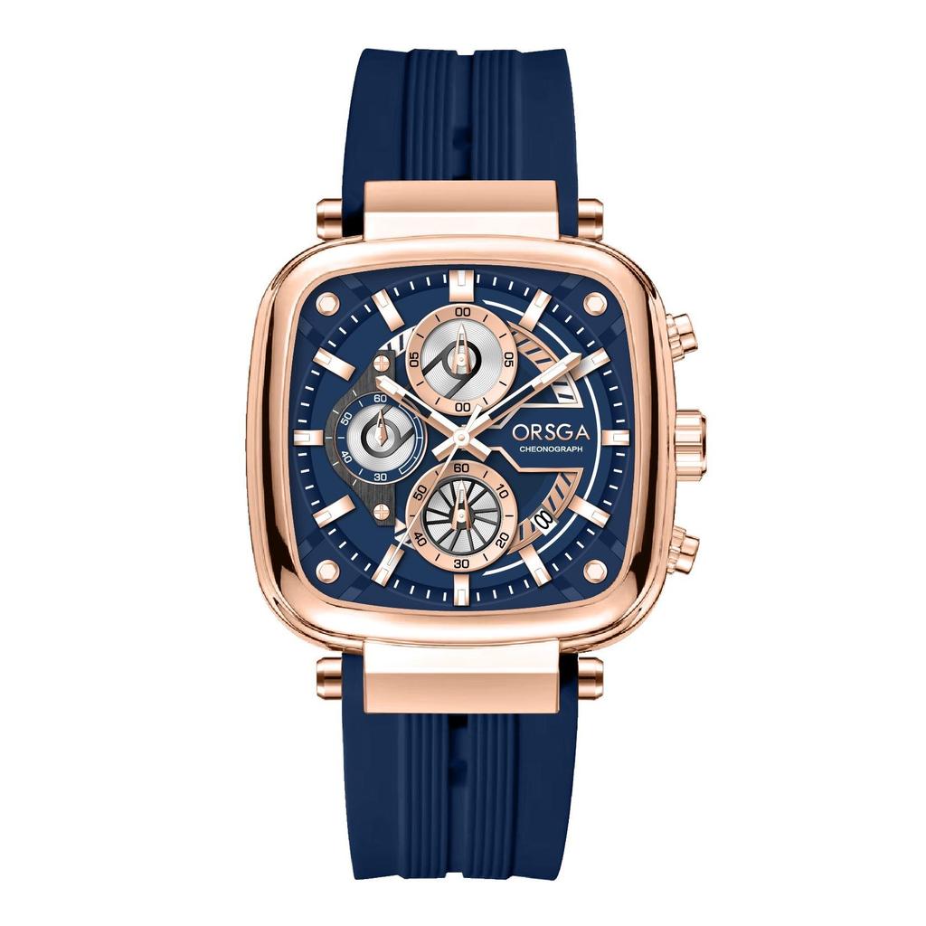 Mens Square Chronograph Watches Waterproof Luminous Quartz Wrist Watch with Silicone Strap
