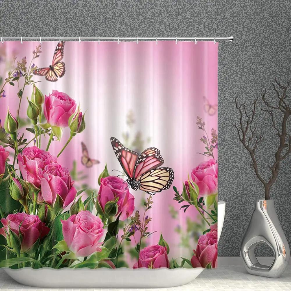 

Pink Floral Shower Curtain Kids Decor Spring Flower Park Forest Road Landscape Scenic Bathroom Curtain Decor Set With 12 Hooks W60H190(CM)-1 Pcs