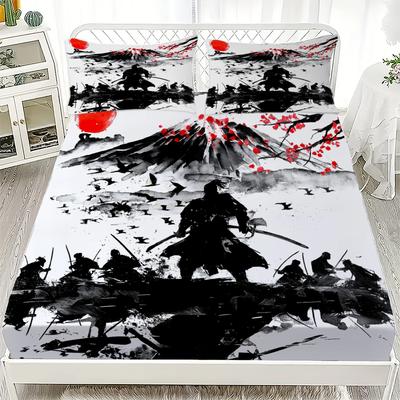Conjunto de Lençol Ajustável com Estampa de Samurai Japonês 100% Poliéster Microfibra Capas de Colchão Conjunto de Cama Respirável com 2 Fronhas
