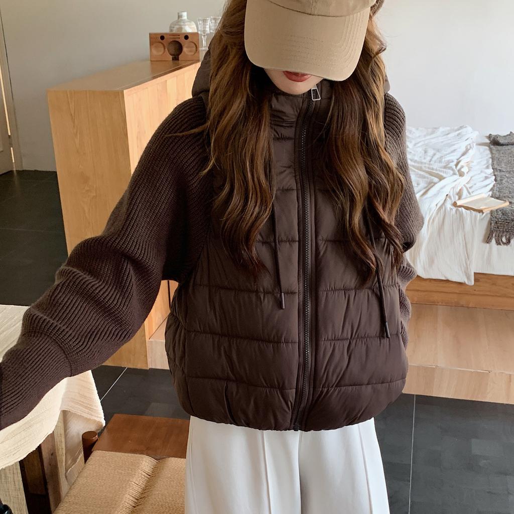 Light and thin knitted sweater sleeves fake two-piece splicing down padded jacket women's winter gray winter thickened hooded jacket