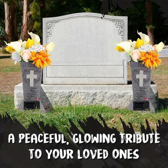 Solar Cemetery Vase with LED for Gravestone Outdoor Artificial Fresh Flower Holder Headstone