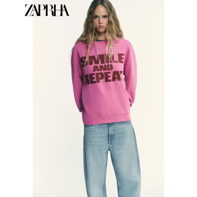 Zaprha 2025 Autumn New Rib Trim Smiley Wash Effect round Neck Long sleeve Hoodie 6050020