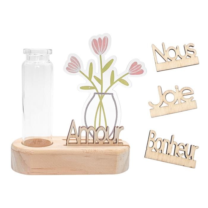 Kit socle en bois naturel et fiole en verre - fleurs acrylique + 4 mots bois - 8,5 x 1,7 x 3,6 cm - vase soliflore