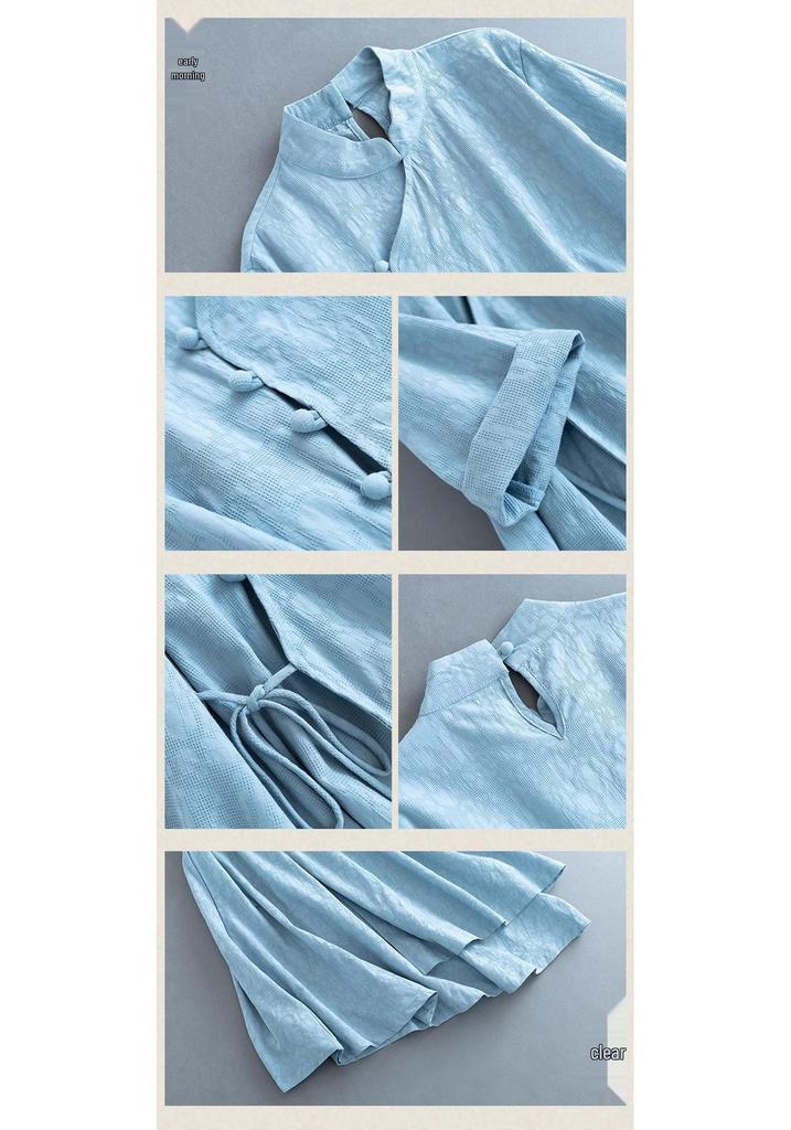 2024 Women's Double Layer Chinese Frog Button Cotton Linen Dress for Spring/Autumn - Retro Zen Tea Ceremony Style