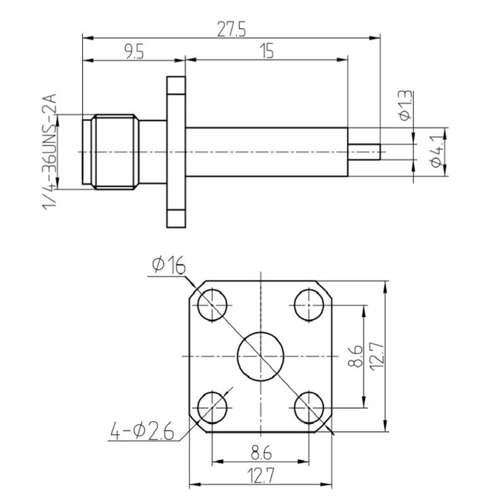 Copper Material SMA Female Connector Four-hole Flange Square Flange RF Coax Connector Gold Plating Solder Terminal