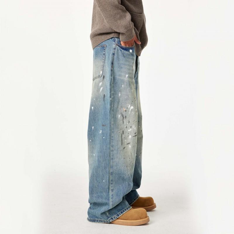 Mens Loose Straight Fit Denim Jeans Water Washed Vintage Streetwear Style Cotton Blend