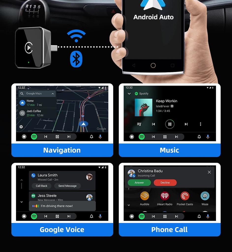 Kebidumei Wireless Android Auto Adapter Wired to Wireless Carplay 2in1 Smart AI Box Plug and Play  For Car With Wired CarPlay
