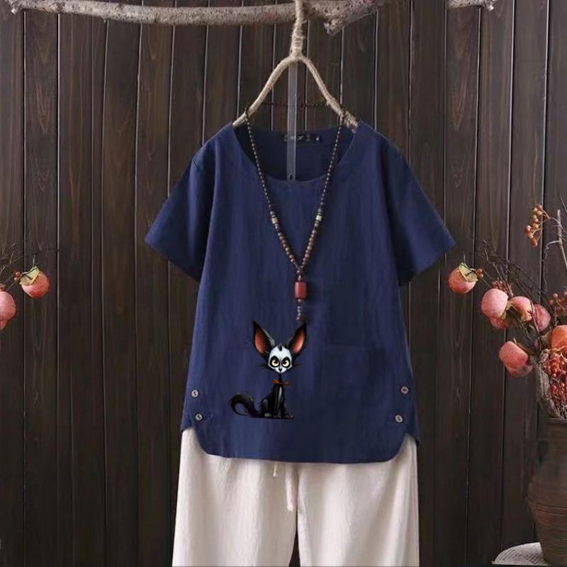 

Женская мода с принтом мультяшного кота, летняя повседневная свободная футболка с коротким рукавом, летняя блузка, топы 4XL темно-синий