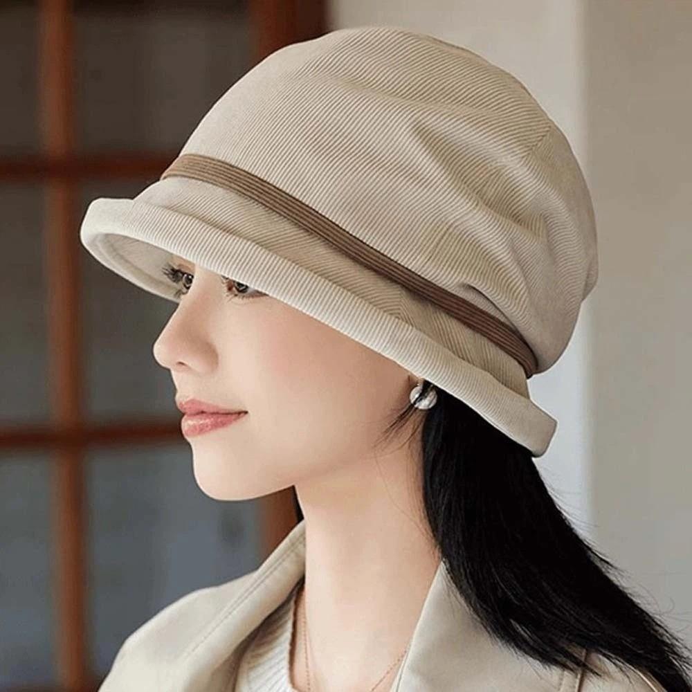 Casquette pull en velours côtelé tempérament Couleur unie Anti-froid Chapeau bob Hiver Chapeau de pêcheur Extérieur