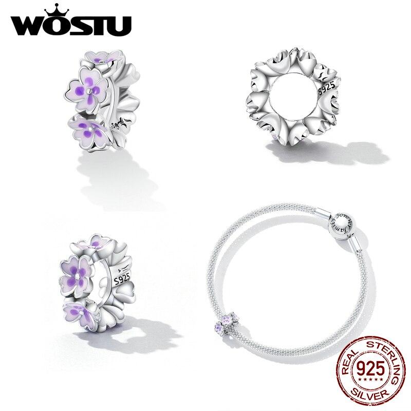 WOSTU 925 Sterling Silver Purple Flower Spacer Charm Bead Pendant Fit Original Bracelet Necklace For Women Jewelry