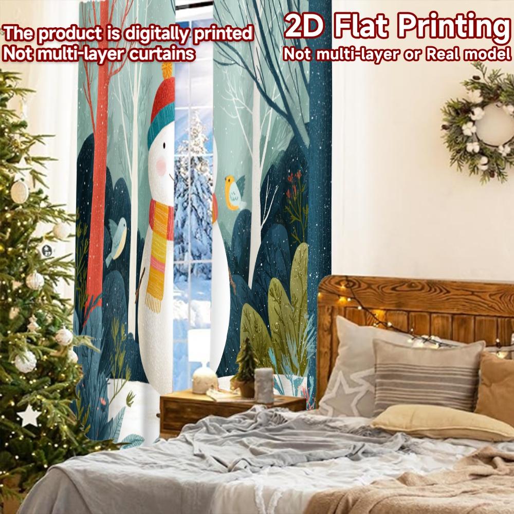 2pcs, 2D FLAT PRINTING Curtains (Without Rod) Snowy Friend Christmas Festival Fashion Curtains Polyester Curtains Thermal