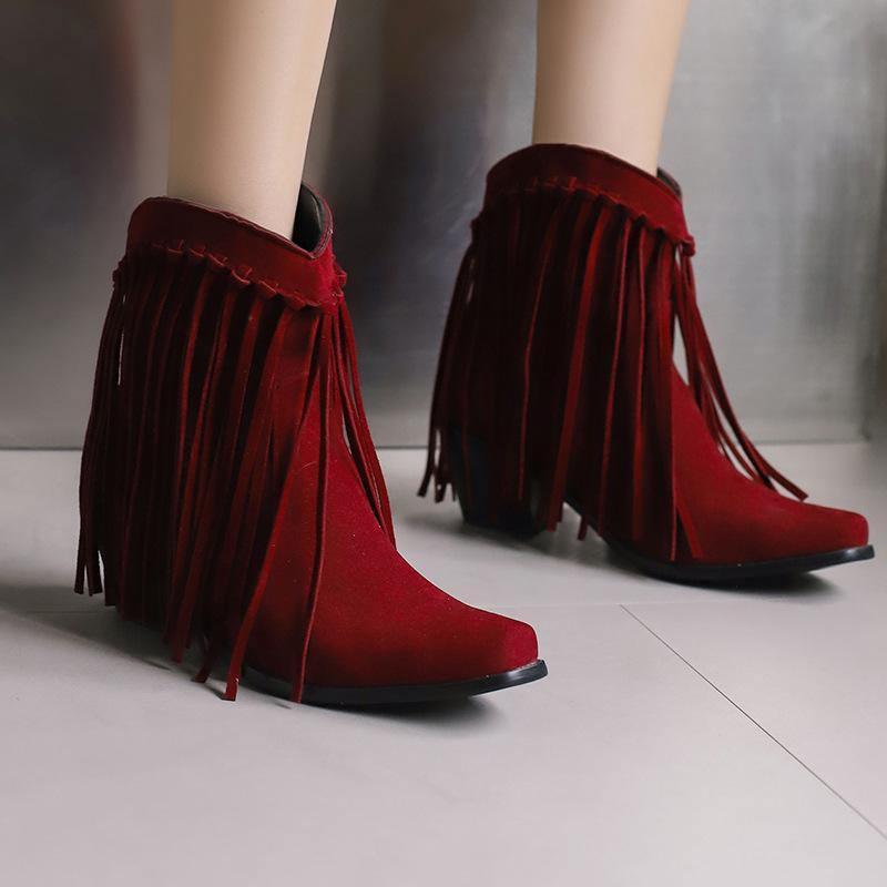 Large size autumn and winter  boots fringed small square head short boots bare boots