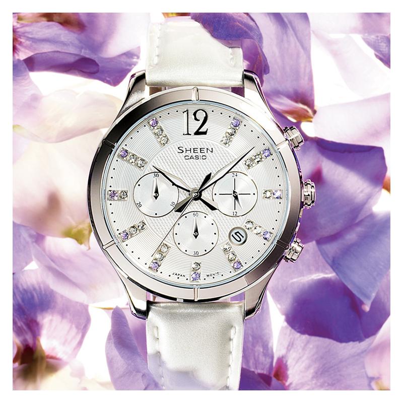 Casio SHEEN Series Simple Swarovski Rhinestone Scale Watch Quartz Movement Genuine Leather Strap Japanese and Korean Watch Women's SHE-5020L-7APR