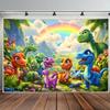 Polyester Cartoon Dinosaur Backdrop, Rainbow Jungle Kids Party Background Banner for Birthday & Baby Shower