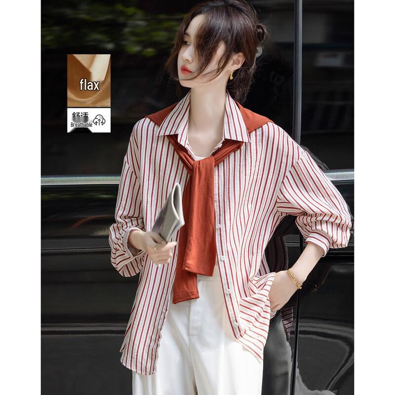 Demana Women s Autumn Relaxed Fit Striped Linen Blend Lapel Shirt M