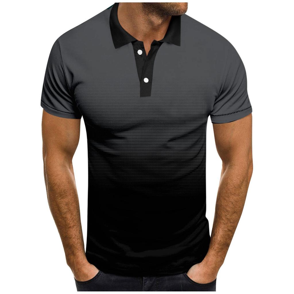 Men's Fashion Casual Short Sleeve Gradient Printed Lapel T-Shirt Tops