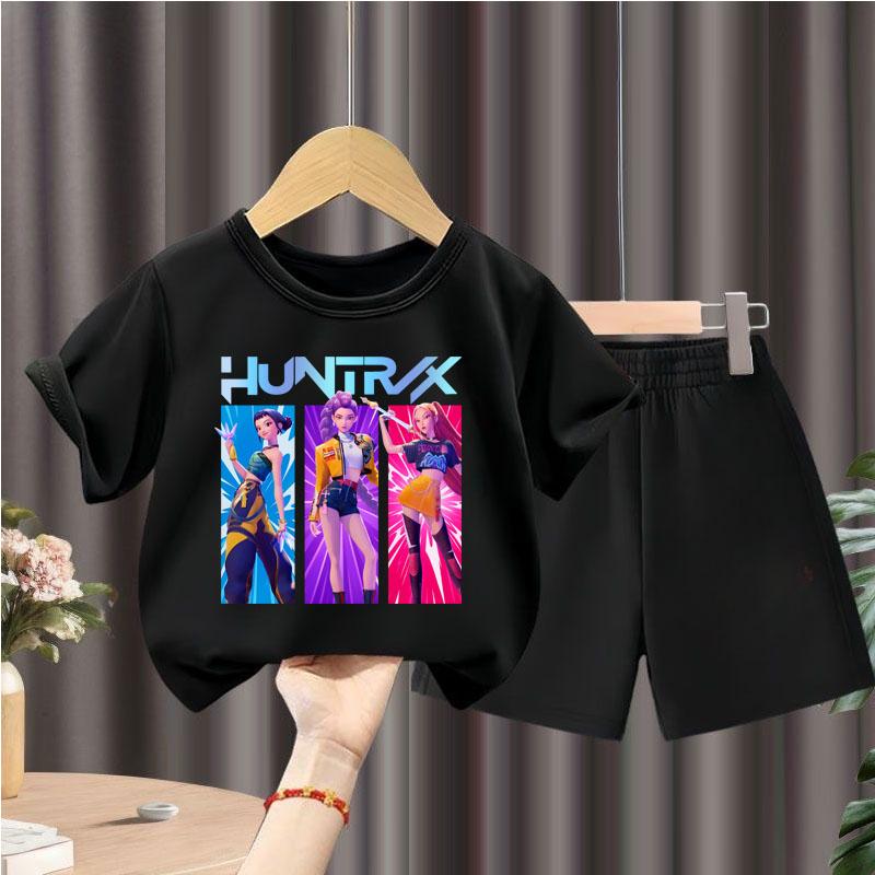 Summer Children Casual T Shirt Sets K POP Cartoon Printed Girls Short Sleeve Top and Shorts Two Piece Suit Kids Fashion Outfits