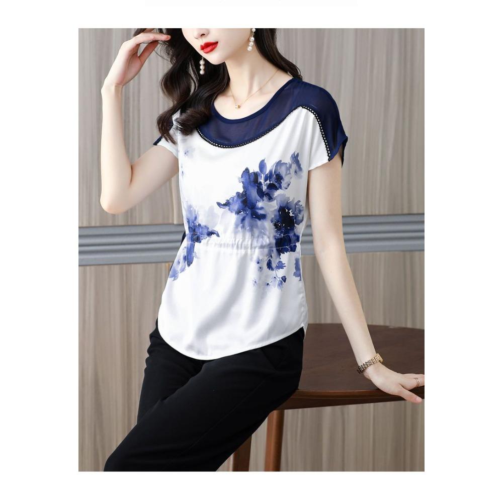 Raglanärm Snörning Veck Elegant Mode O-ringning Damblusar Sommar Vardagskläder Mesh Patchwork Tryckta Tröjor Skjorta