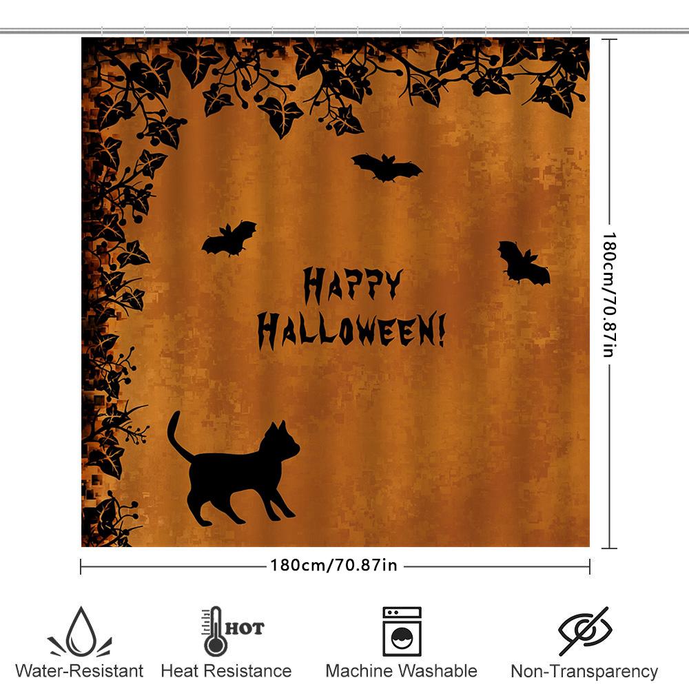 Halloween Decor Shower Curtain With Black Cats Bats Printing Orange Fabric Shower Curtains For Home Decoration