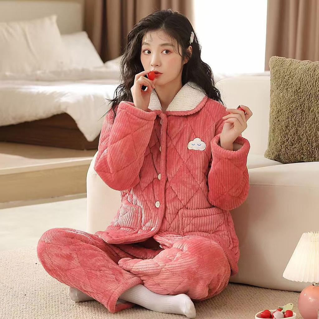Dámský oblek z korálového fleecu s polstrováním, třívrstvý zesílený, lze nosit venku, podzimní a zimní domácí oblečení, zimní fleecový teplý