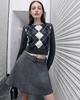 Nanyou Women's Mixed Color Rhinestone Herringbone Wool-Blend Jacket and Slit Skirt Set