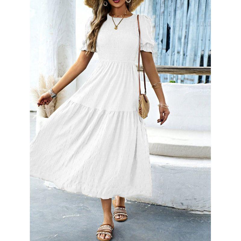 

Cross-Border Amazon European and American Foreign Trade Women s Clothing 2025 Spring and Summer Casual Resort Style Ruffle Sleeve Waist-Cinching Dress White S
